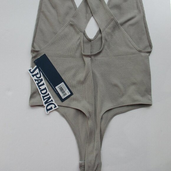 SPALDING OPAL GREY PLUNGE V-NECK SEAMLESS CROSS BACK CUT OUT BODYSUIT NWT - Picture 5 of 12